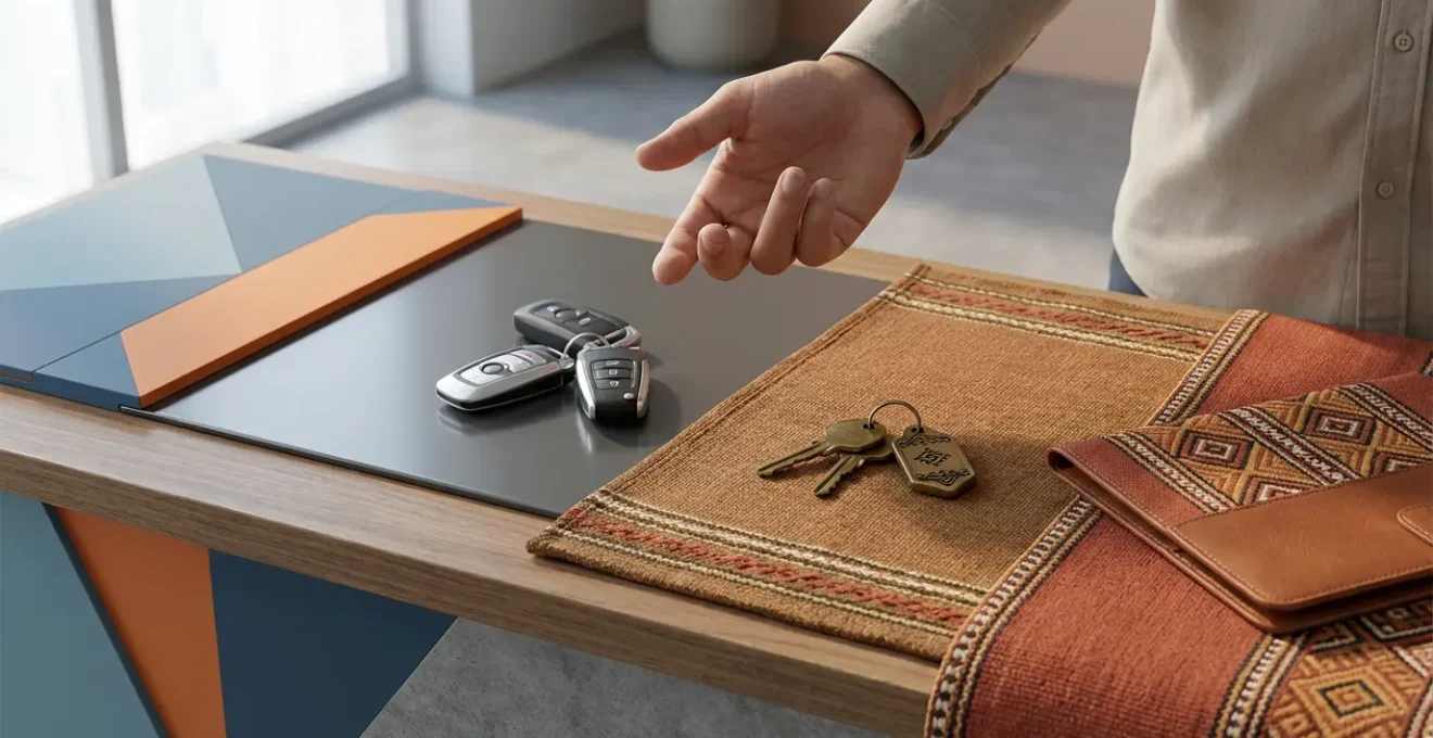 Bureau d'agence de location de voiture avec documents et clés posés sur un comptoir en bois