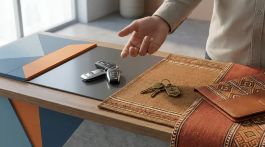 Bureau d'agence de location de voiture avec documents et clés posés sur un comptoir en bois