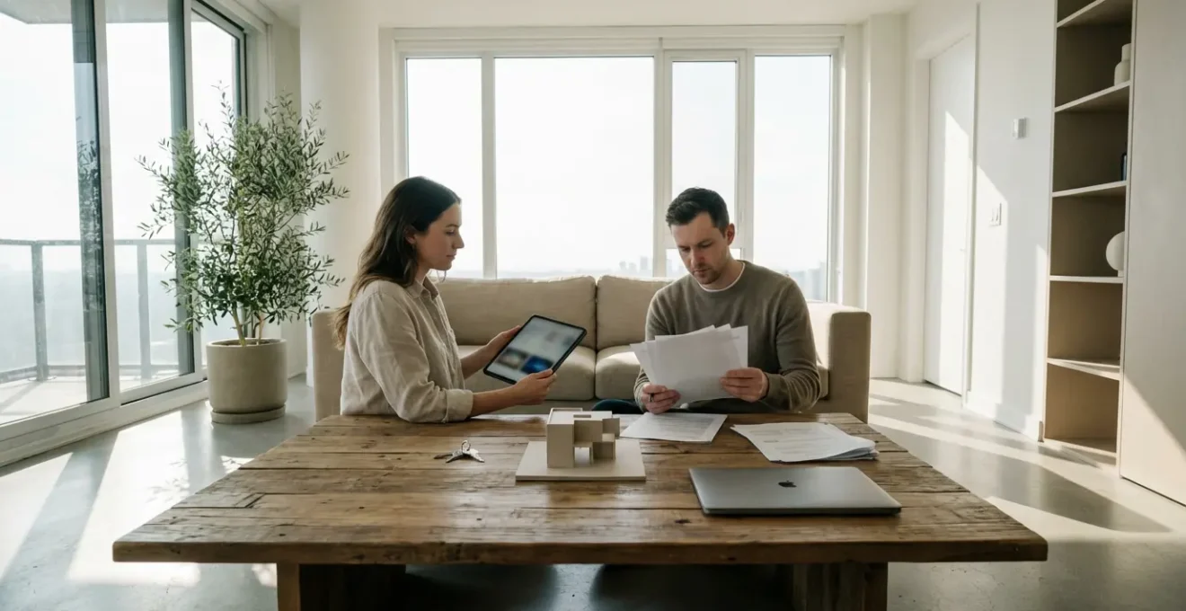 Vue d'ensemble d'un salon d'appartement moderne avec deux personnes consultant des documents immobiliers