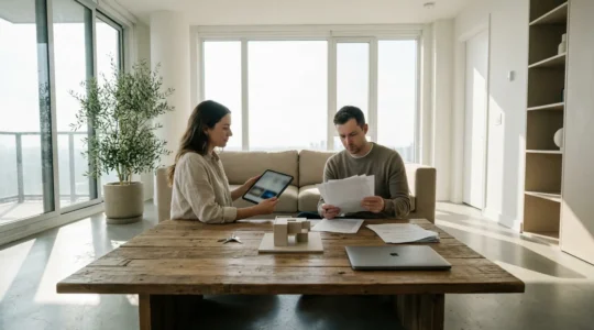 Vue d'ensemble d'un salon d'appartement moderne avec deux personnes consultant des documents immobiliers