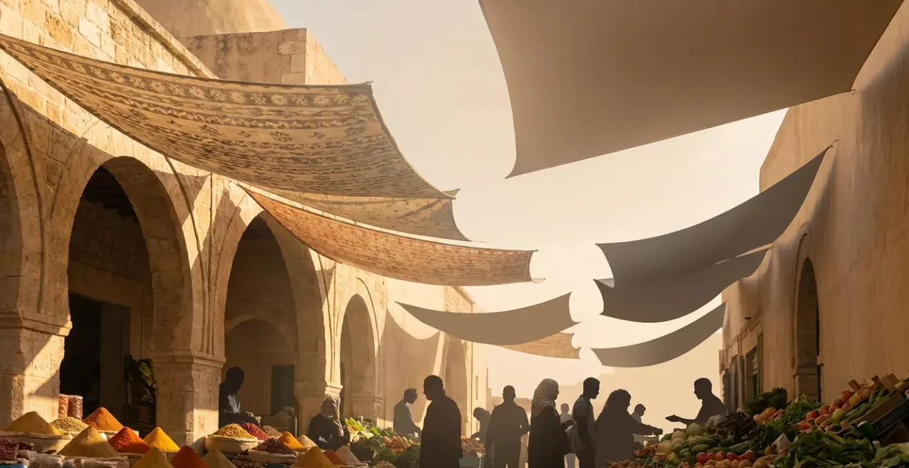 Marché animé de Tunis le matin avec vendeurs d'épices et légumes frais sous une lumière dorée