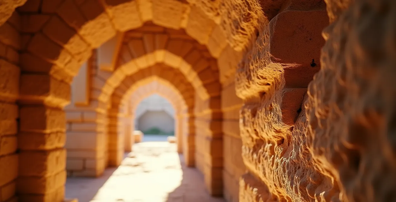 Amphithéâtre d'El Jem baigné dans la lumière dorée du matin avec des ombres dramatiques dans l'arène