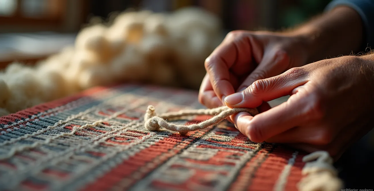 Gros plan sur les mains d'un artisan nouant un tapis traditionnel de Kairouan