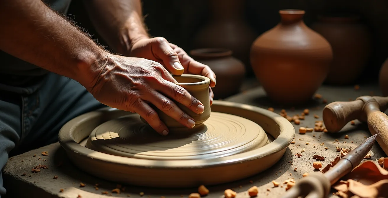 Mains d'artisan façonnant une poterie traditionnelle tunisienne avec outils et matériaux authentiques