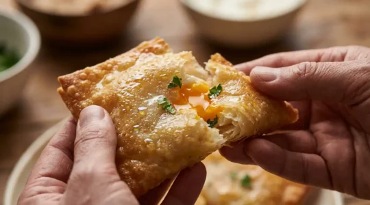 Gros plan sur les mains tenant délicatement une brik dorée et croustillante avec de l'œuf coulant visible