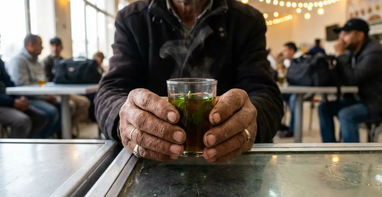 Intérieur d'un café typique de gare routière tunisienne avec des voyageurs