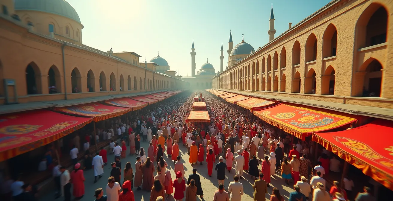 Procession traditionnelle du Mouled à Kairouan avec drapeaux colorés et foule en habits de fête