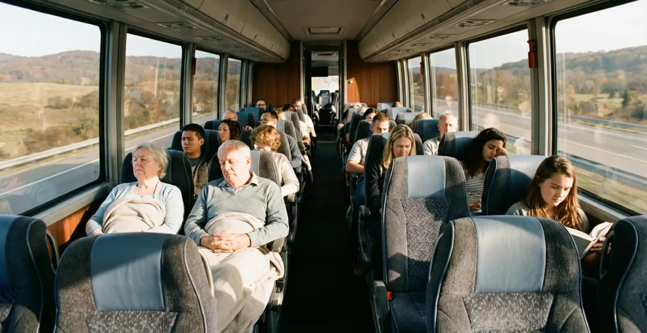 Intérieur moderne d'un autocar longue distance avec sièges confortables et passagers détendus