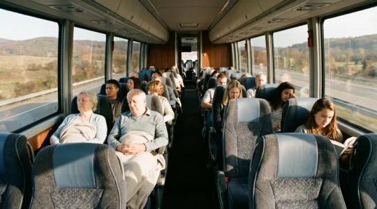 Intérieur moderne d'un autocar longue distance avec sièges confortables et passagers détendus