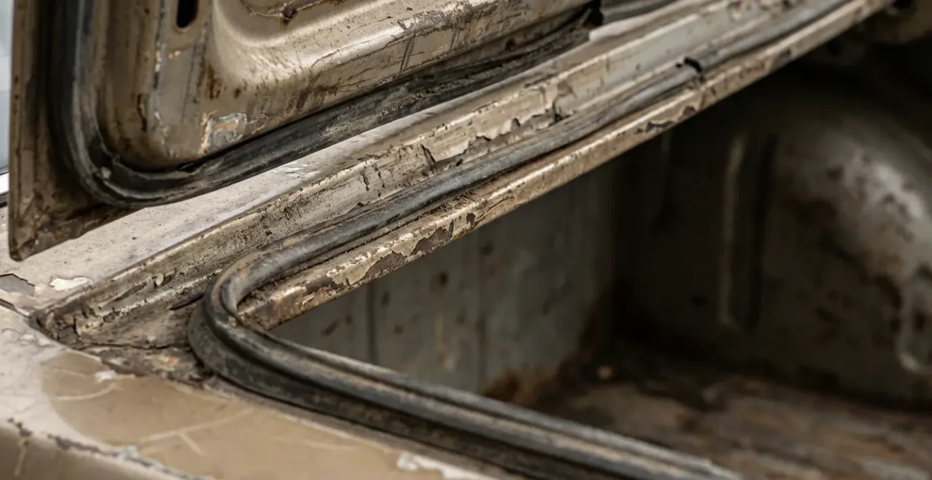 Vue macro du coffre arrière ouvert d'un louage montrant l'espace restreint pour les bagages