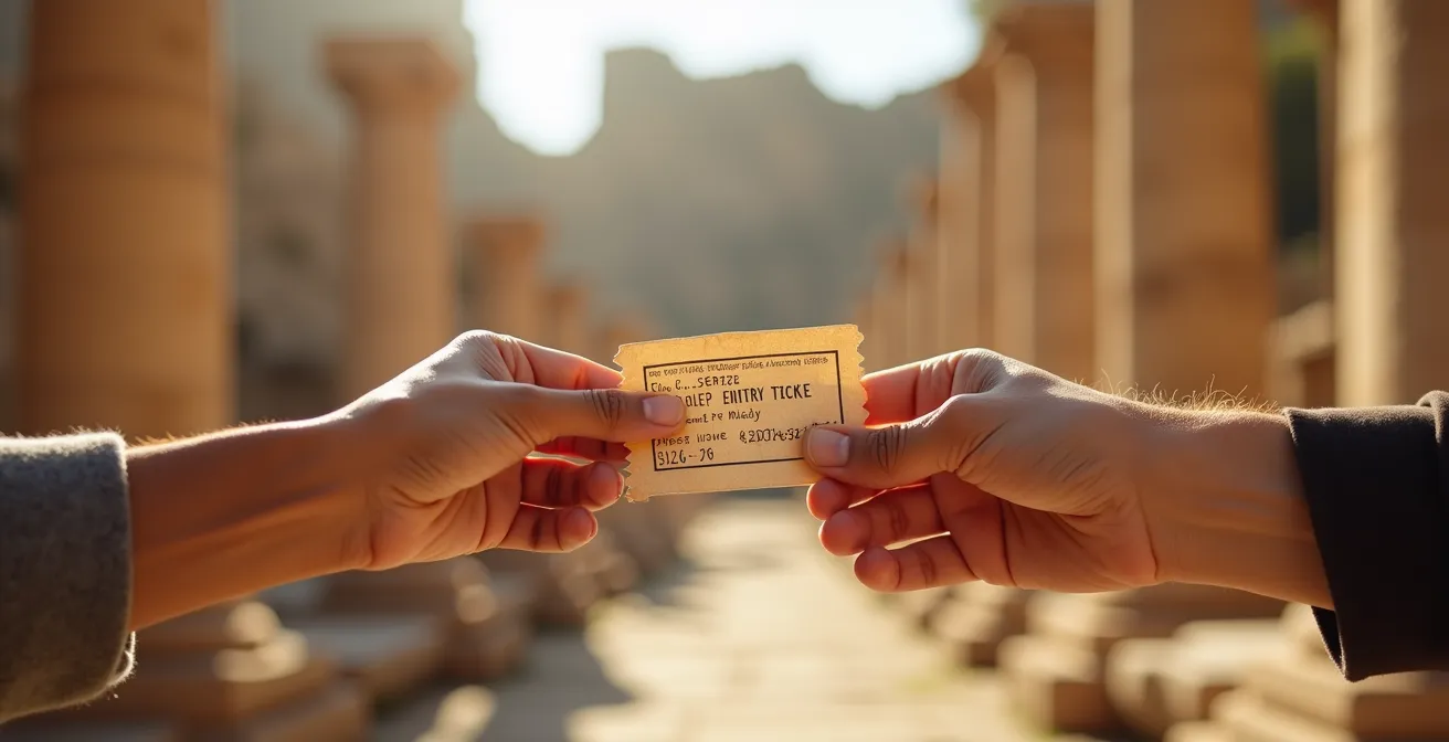 Mains tenant des billets d'entrée devant des ruines antiques