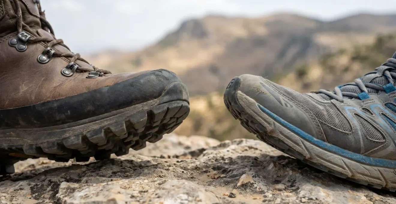 Gros plan sur deux types de chaussures, une de trail et une de marche, posées sur un rocher calcaire avec un paysage de montagne tunisien en arrière-plan flou.