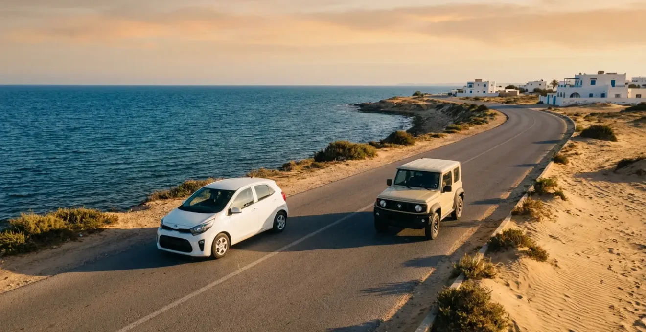 Comparaison visuelle entre une petite citadine et un SUV sur une route tunisienne avec vue mer et désert en arrière-plan