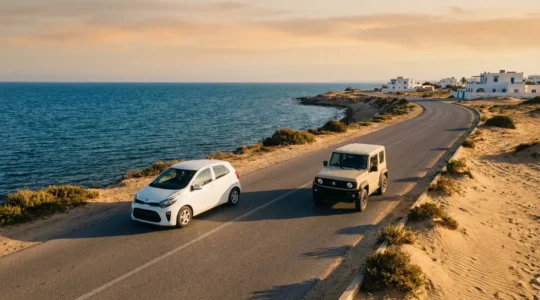 Comparaison visuelle entre une petite citadine et un SUV sur une route tunisienne avec vue mer et désert en arrière-plan