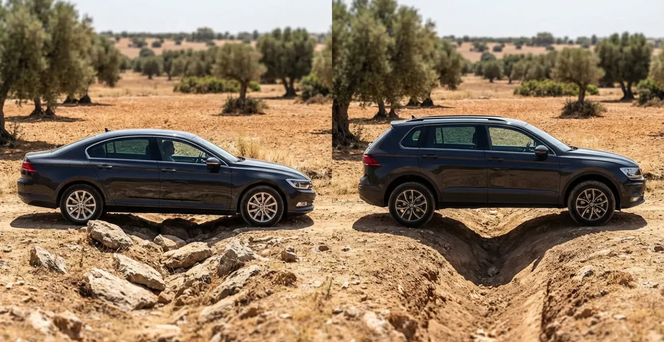 Vue latérale montrant la différence de garde au sol entre une berline et un SUV sur une piste caillouteuse tunisienne