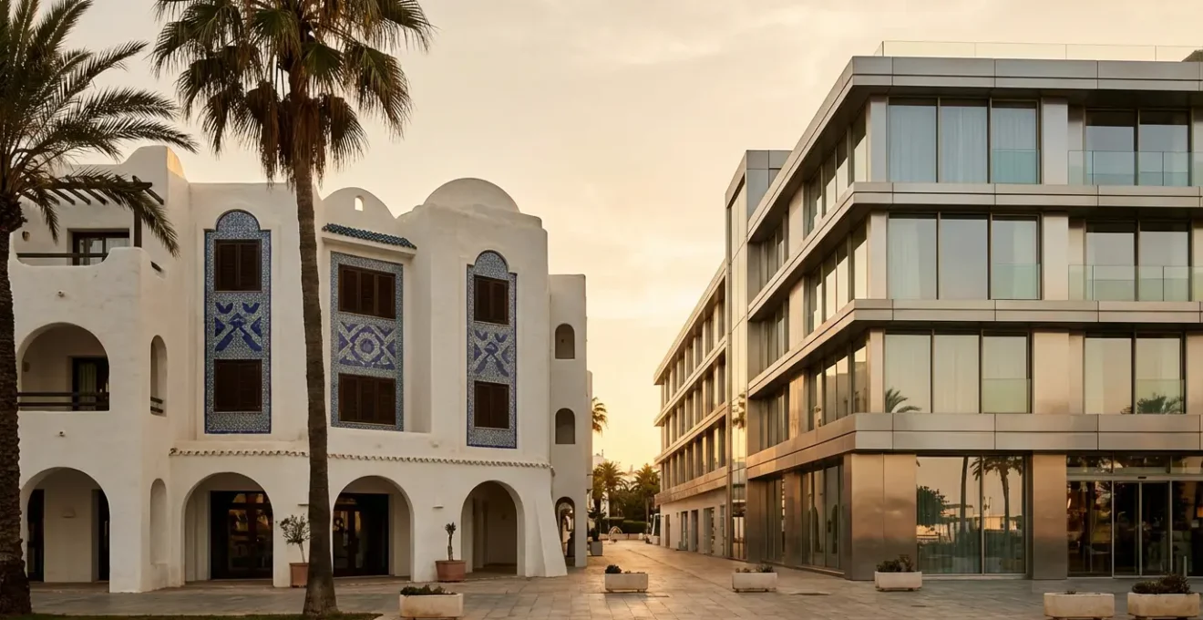 Vue contrastée montrant un hôtel tunisien quatre étoiles avec architecture traditionnelle à côté d'un hôtel international moderne