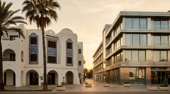 Vue contrastée montrant un hôtel tunisien quatre étoiles avec architecture traditionnelle à côté d'un hôtel international moderne
