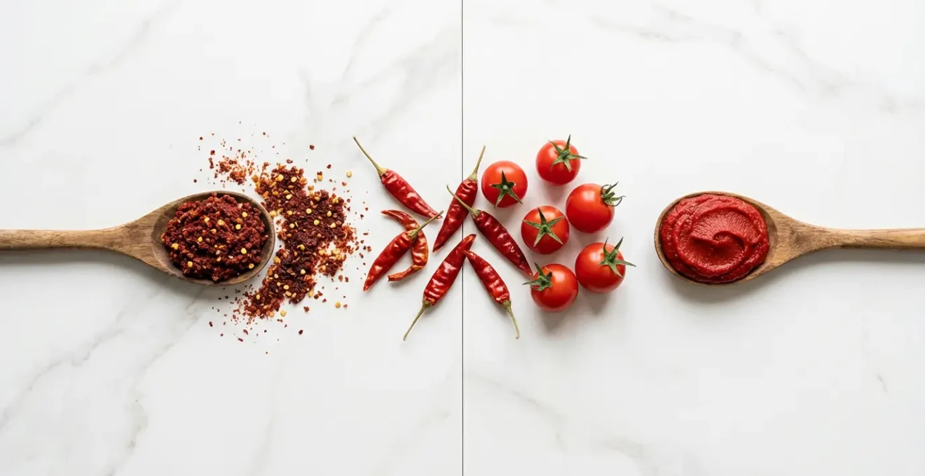 Comparaison des textures entre harissa granuleuse et concentré de tomate lisse