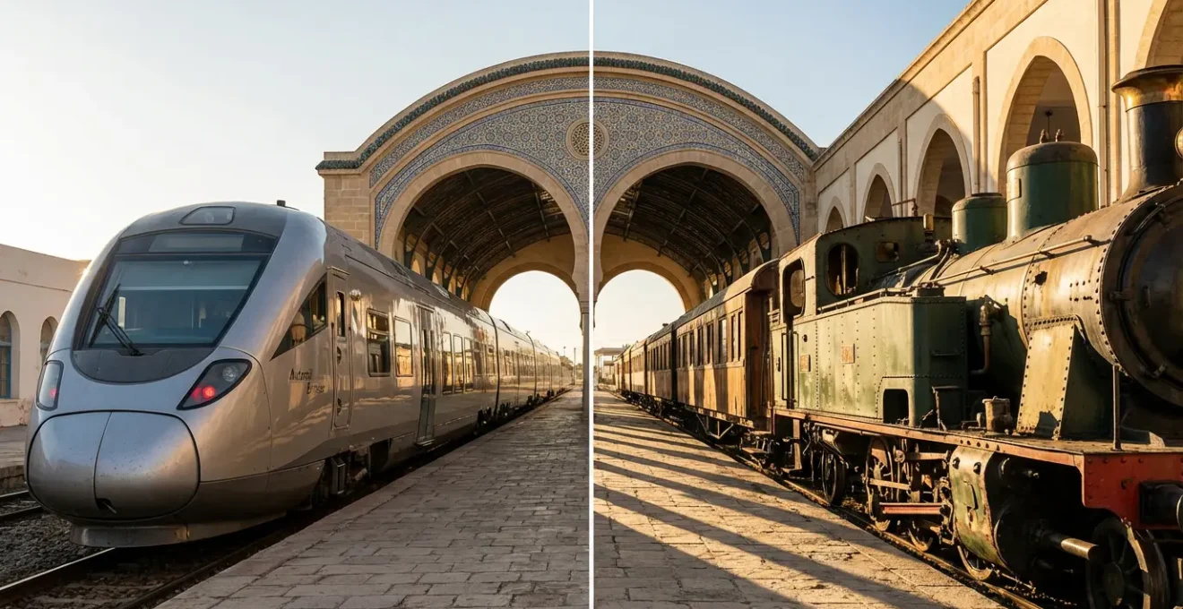 Vue comparative d'un train express moderne et d'un train omnibus traditionnel dans une gare tunisienne