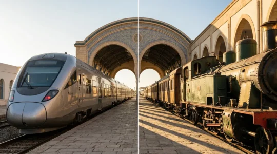 Vue comparative d'un train express moderne et d'un train omnibus traditionnel dans une gare tunisienne