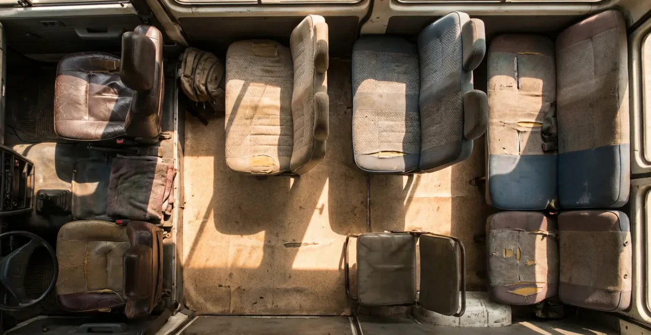 Vue aérienne schématique de l'intérieur d'un louage montrant la disposition des sièges