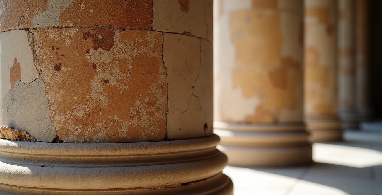 Cour intérieure paisible de la Grande Mosquée baignée de lumière dorée matinale avec colonnes antiques