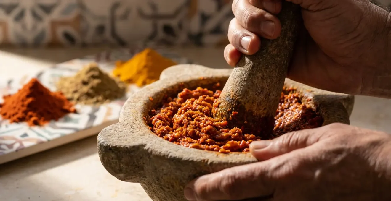 Scène chaleureuse d'un cours de cuisine traditionnel dans une maison tunisienne
