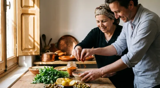 Cours de cuisine chez l'habitant avec épices et ingrédients traditionnels tunisiens dans une cuisine familiale authentique