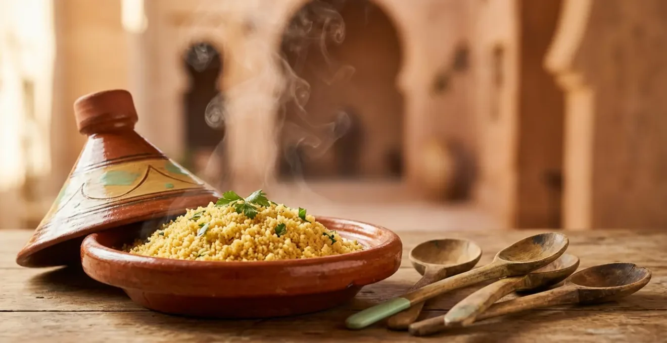 Couscous traditionnel servi dans un plat en terre cuite avec vapeur montante et ustensiles en bois