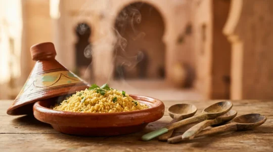 Couscous traditionnel servi dans un plat en terre cuite avec vapeur montante et ustensiles en bois