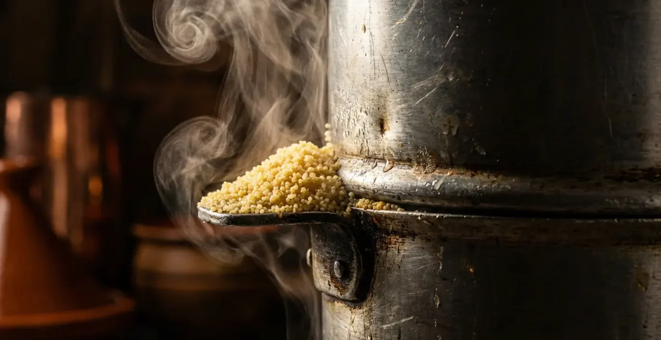 Couscoussier traditionnel en terre cuite avec vapeur s'échappant de la semoule dorée