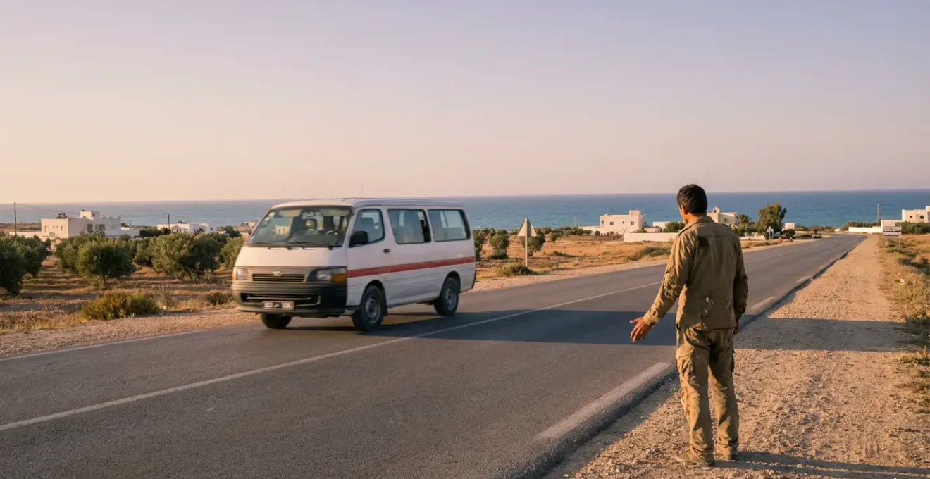 Vue d'ensemble d'une route côtière tunisienne avec un louage blanc à bande rouge et un auto-stoppeur sur le côté