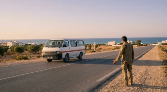 Vue d'ensemble d'une route côtière tunisienne avec un louage blanc à bande rouge et un auto-stoppeur sur le côté