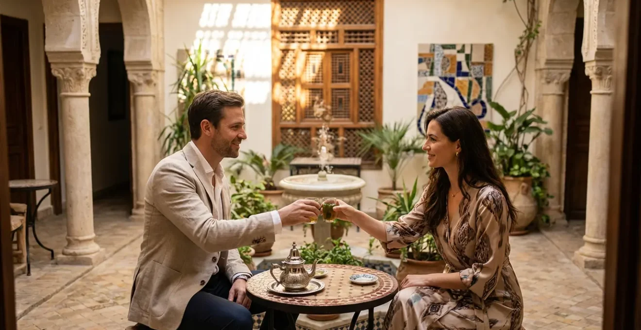 Intérieur d'un dar tunisien luxueux avec patio central et architecture traditionnelle