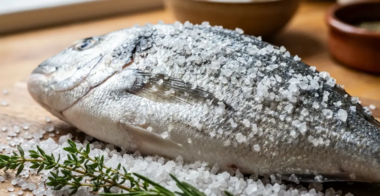 Daurade entière recouverte de gros sel avant cuisson, préparation traditionnelle