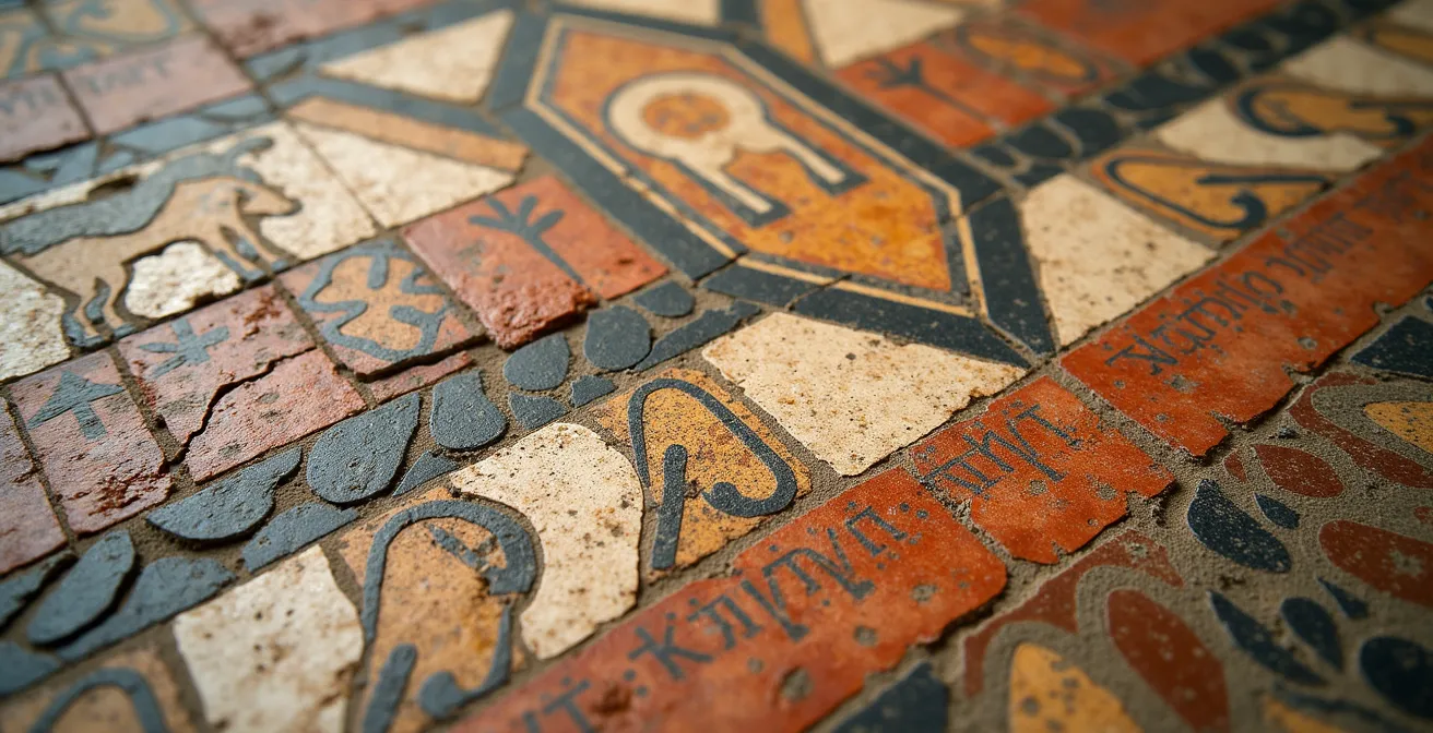 Gros plan sur une mosaïque romaine antique révélant des symboles d'artisans et d'animaux