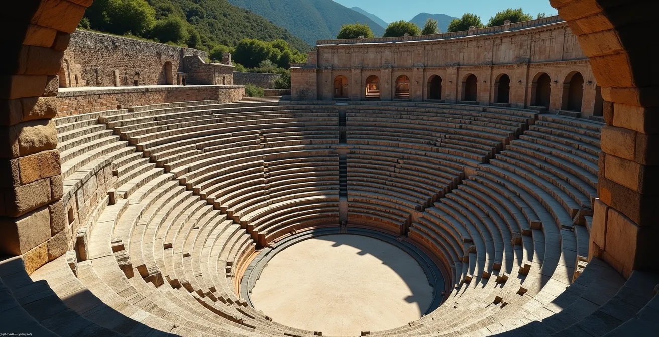 Comparaison architecturale entre un théâtre romain semi-circulaire et un amphithéâtre elliptique montrant les différences structurelles