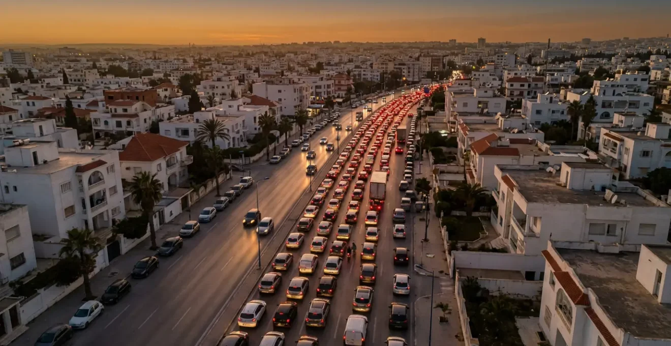 Vue aérienne d'un embouteillage dans les rues de Tunis avec des voitures densément agglomérées
