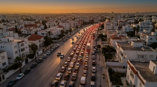 Vue aérienne d'un embouteillage dans les rues de Tunis avec des voitures densément agglomérées