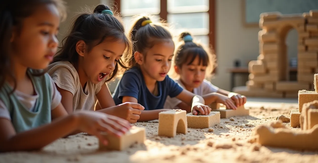 Enfants explorant de manière ludique les concepts d'ingénierie romaine avec des maquettes et expériences pratiques