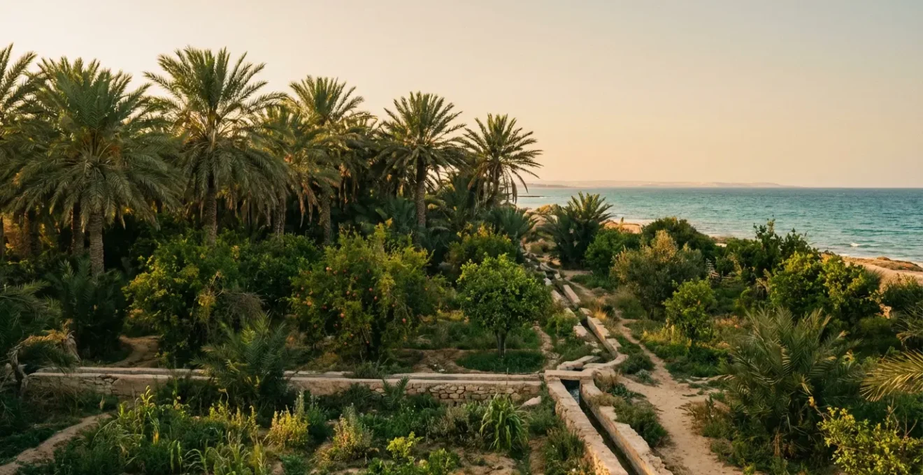 Vue panoramique de l'oasis de Gabès avec palmiers dattiers et mer Méditerranée en arrière-plan