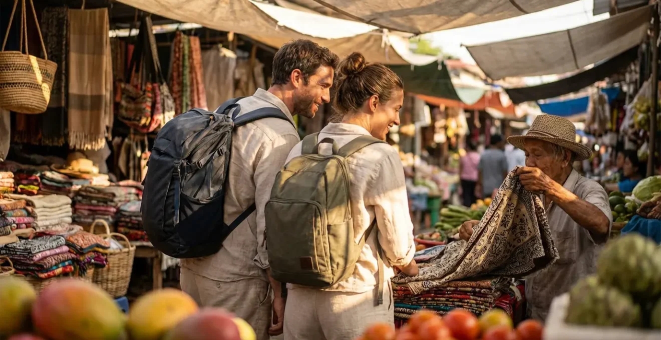 Voyageurs explorant un marché local coloré avec des produits régionaux