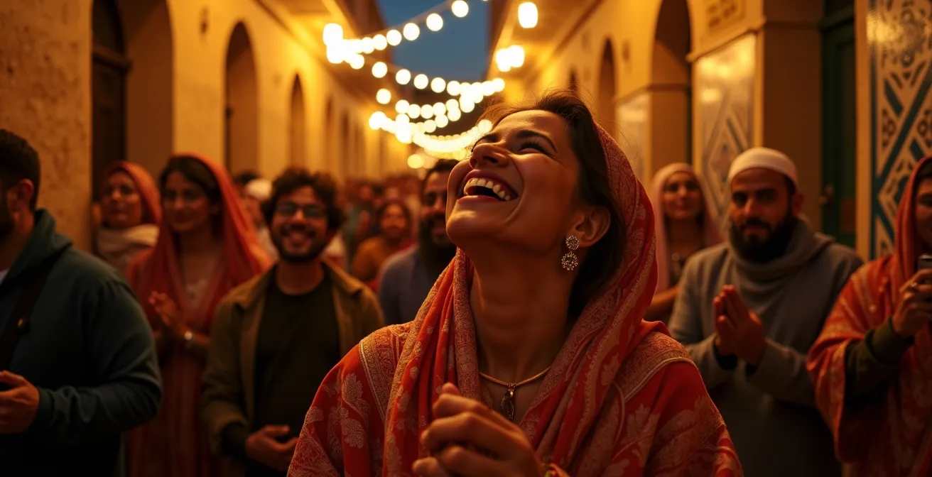 Célébration nocturne du Mouled avec foule joyeuse et illuminations dorées dans les ruelles de la médina