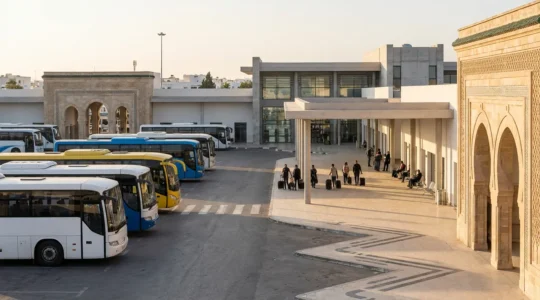 Vue panoramique d'une gare routière tunisienne animée avec des voyageurs en attente et des bus colorés