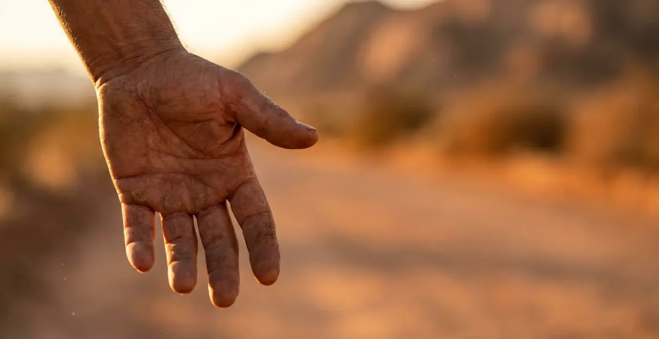 Gros plan sur une main tendue avec la paume vers le bas sur fond de route tunisienne