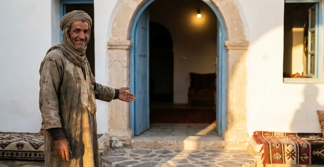Maison d'hôte berbère traditionnelle avec architecture en pierre dans le Sud tunisien