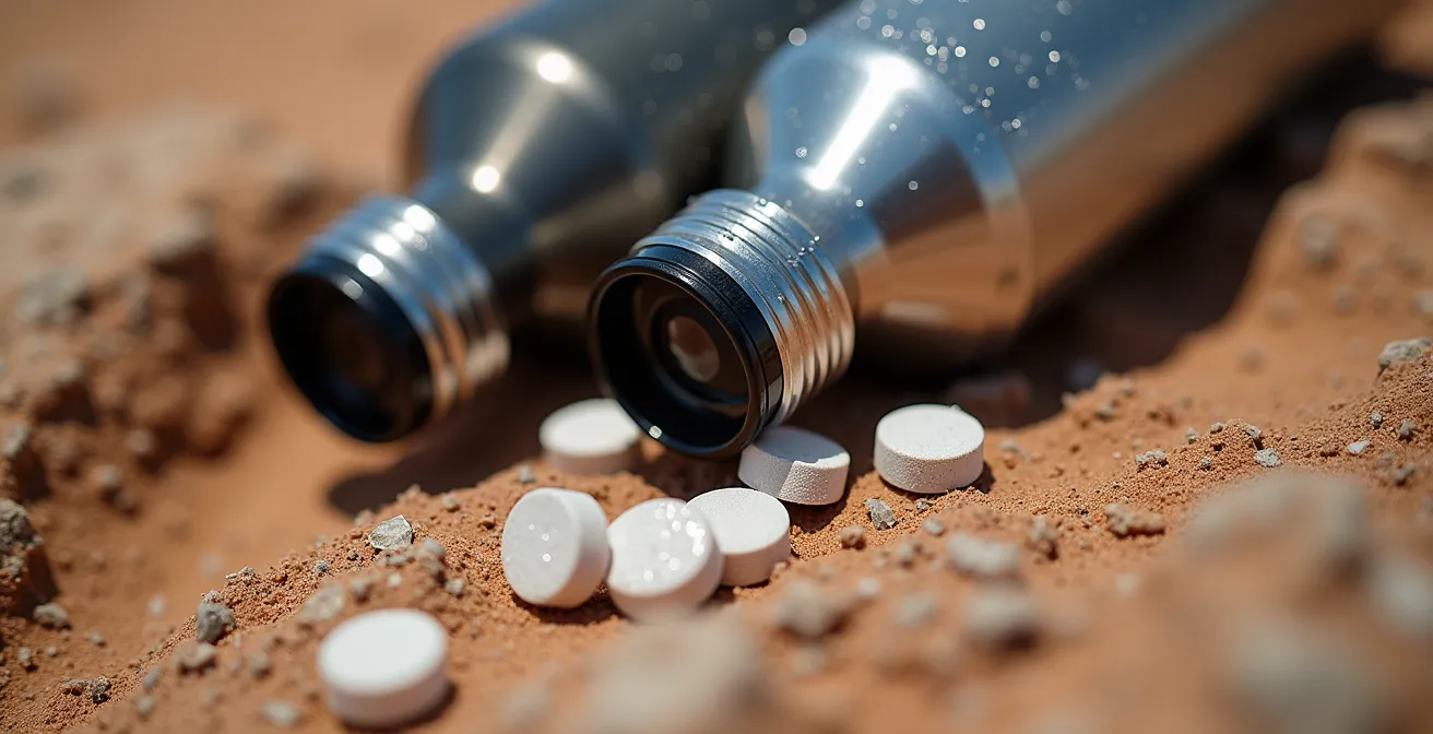 Équipement d'hydratation pour randonnée avec gourdes en métal et pastilles d'électrolytes sur un rocher désertique.