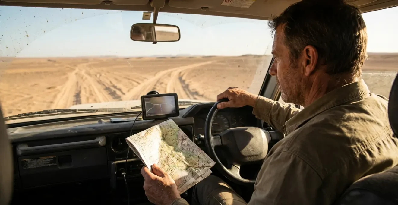 Conducteur comparant GPS et carte papier dans une voiture sur une piste désertique