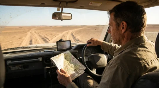 Conducteur comparant GPS et carte papier dans une voiture sur une piste désertique