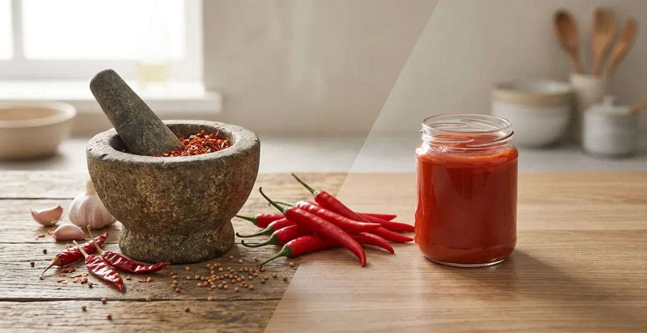 Comparaison visuelle entre harissa artisanale et industrielle avec piments rouges frais
